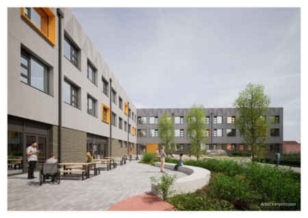 An artists impression of the external dining terrace at East Coast Colleges Great Yarmouth Campus Image LSI Architects scaled